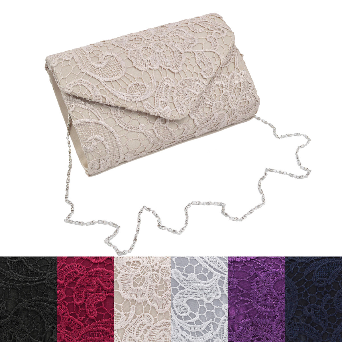 Premium Lace Paisley Floral Fabric Satin Envelope Flap Clutch Evening Bag