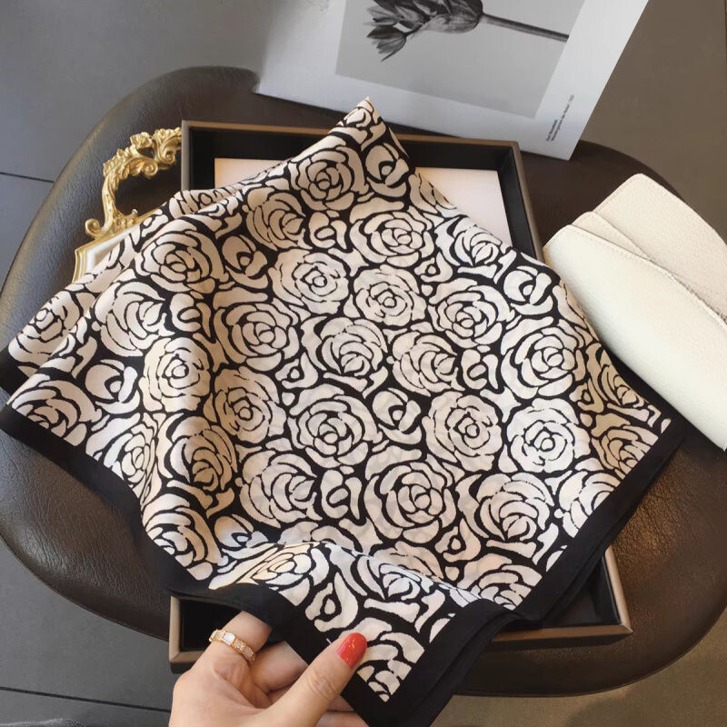 Satin Square Scarf 70x70CM Camellia Print Black White Wrap for Women Spring Fall