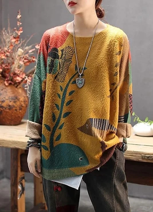 YESNO Womens Oversized Soft Cozy Graphic Pullover Wool Cotton Sweater