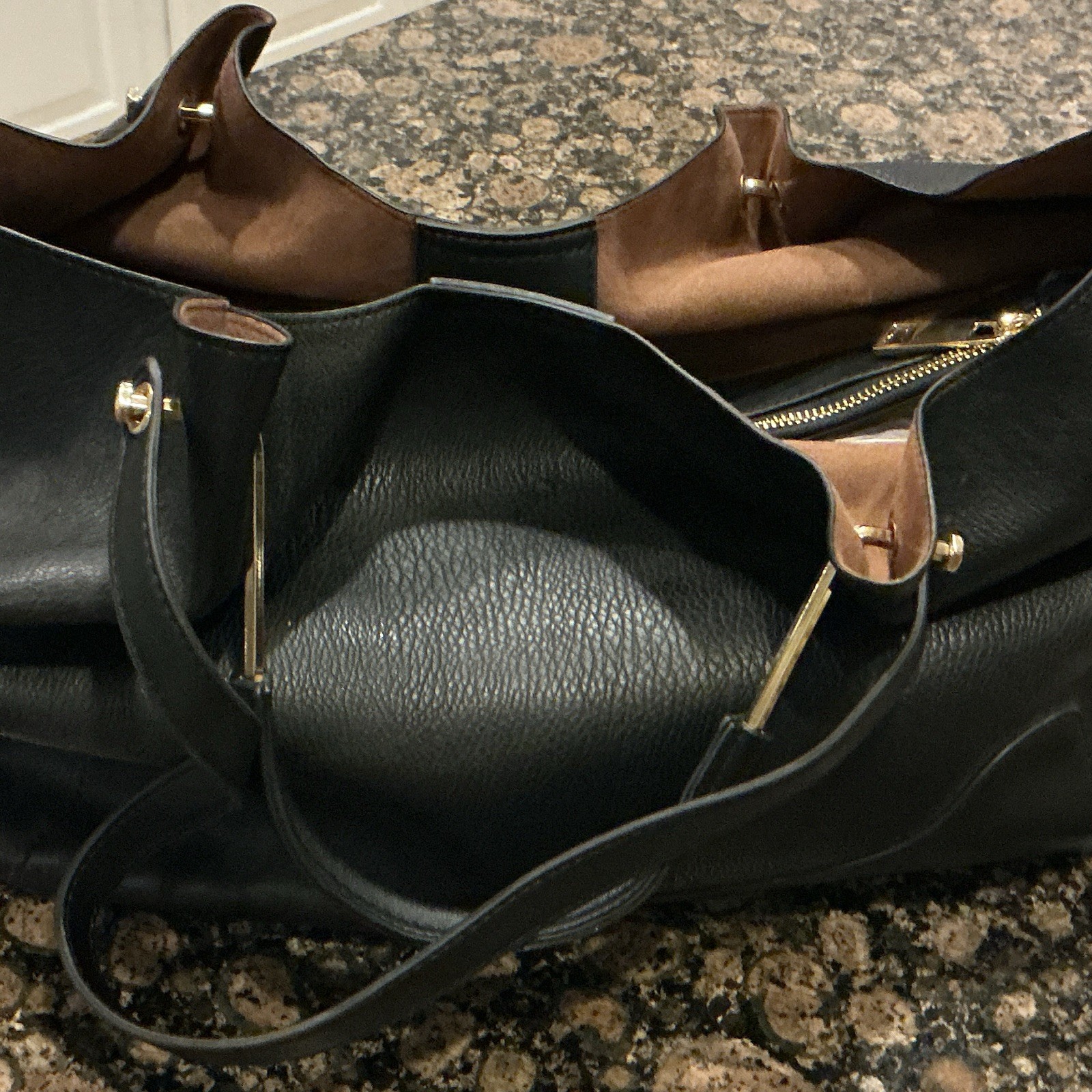 Sondra Roberts Squared Black Pebbled Satchel Gold Zip w/ Strap