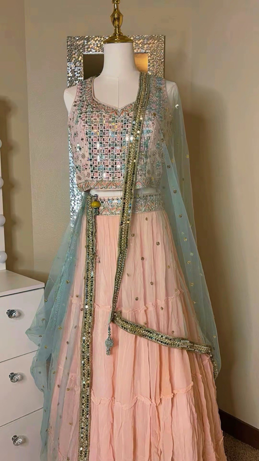 Women’s Pink Mirror Work Choli with Net Dupatta, Kurtas/Kurti Style