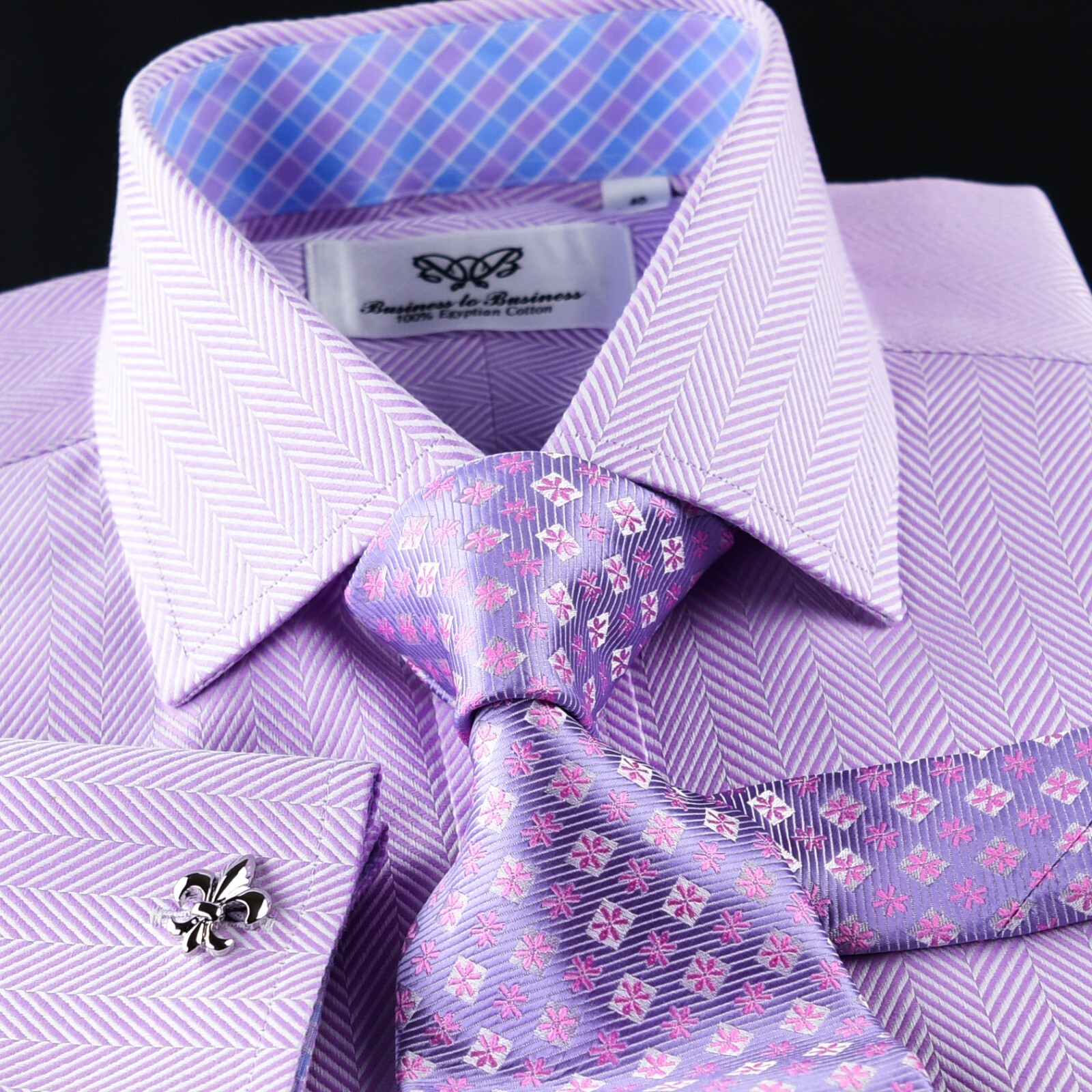 Lilac TOPHerringbone Dress Shirt Luxury With Fancy Boss Inner Lining Double Cuff