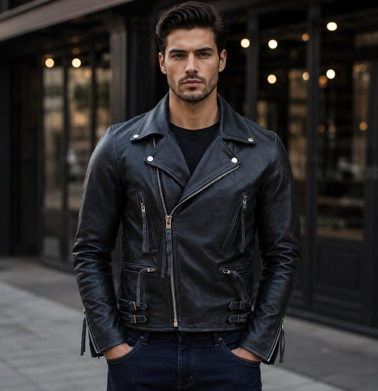Men’s Genuine Leather Double Rider Jacket Classic Brando Motorcycle Biker Coat