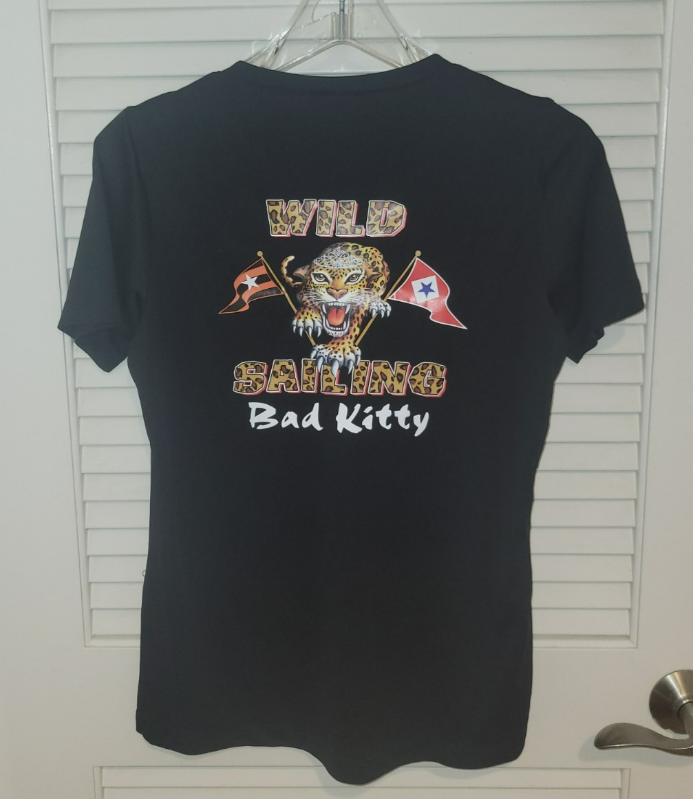 BYC & BCYC Wild Sailing Regatta “Bad Kitty” Women’s V-Neck Black Small Shirt NEW