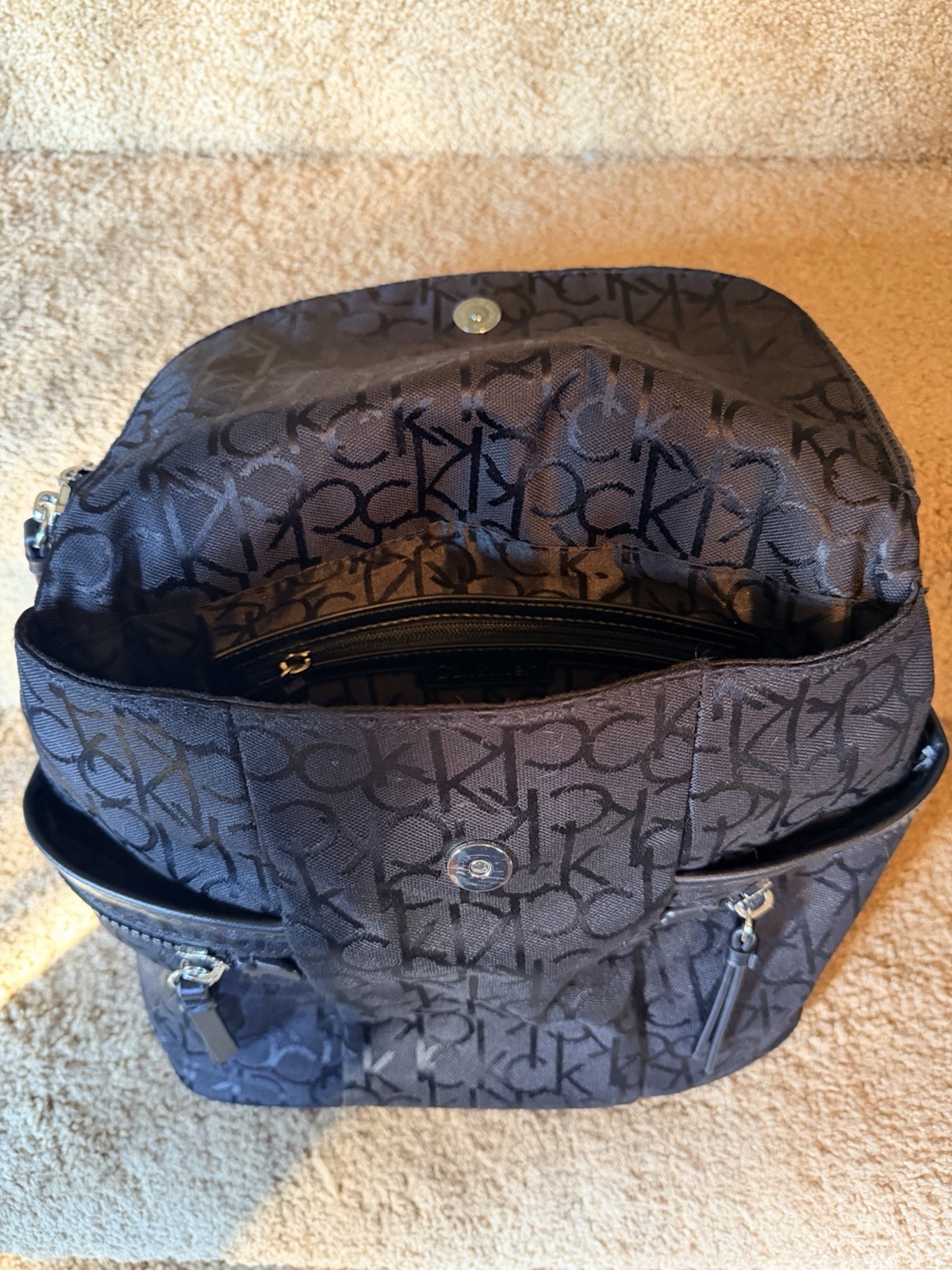 Calvin Klein Black/Gray Logo Backpack Top Handle Zip & Magnetic Closure Pockets