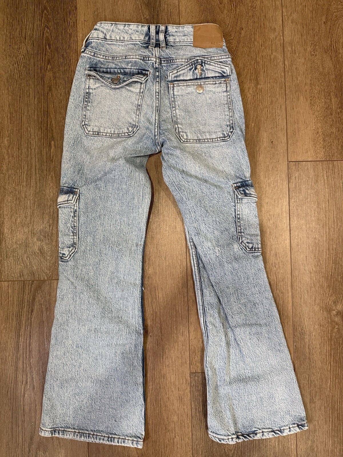 Aeropostale Womens Mid Rise Flare Cargo Jeans Medium Wash Blue Size 000R