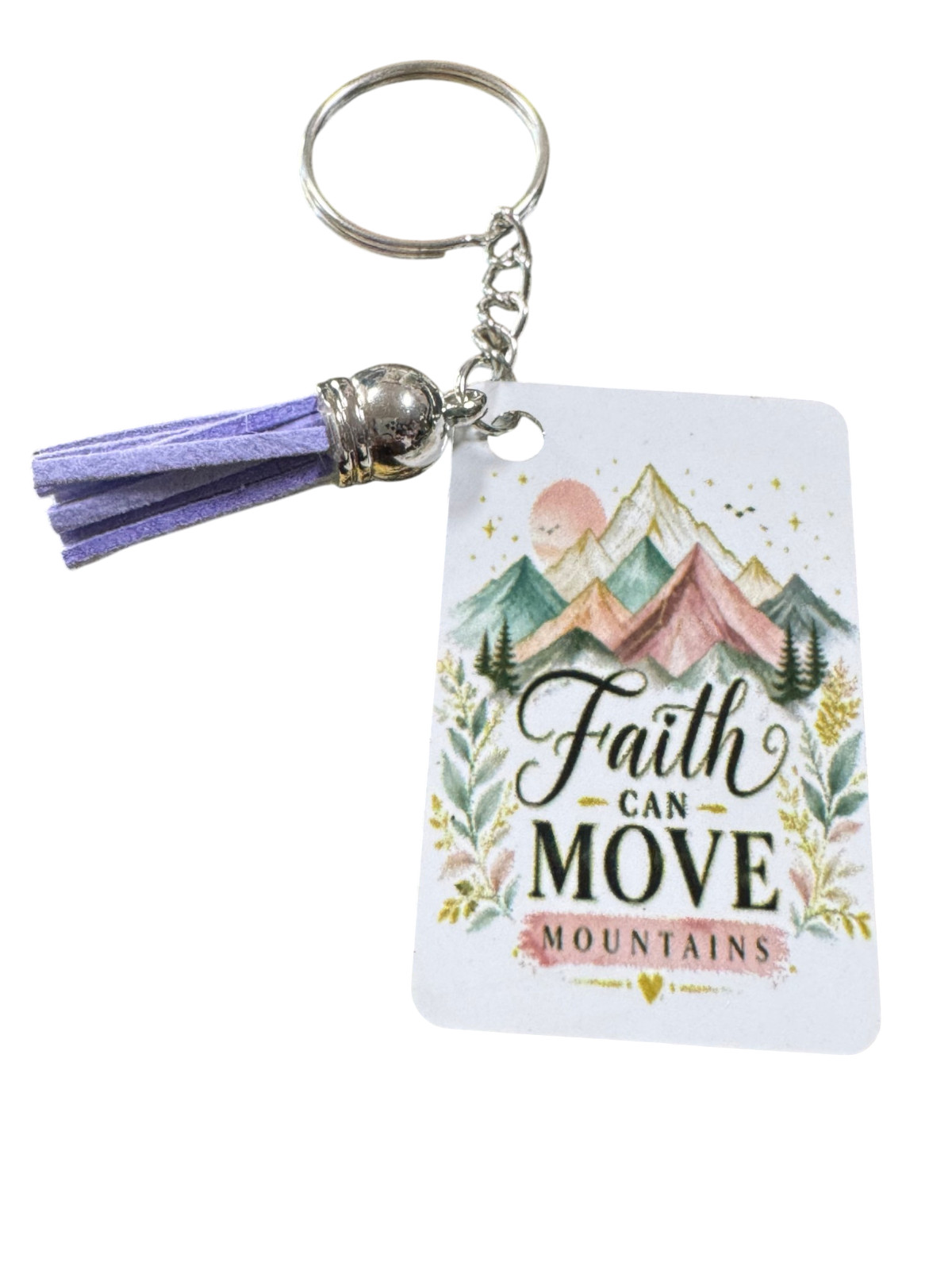 Faith Can Move Mountains Keychain, Metal, Inspirational Christian Quote with Pur