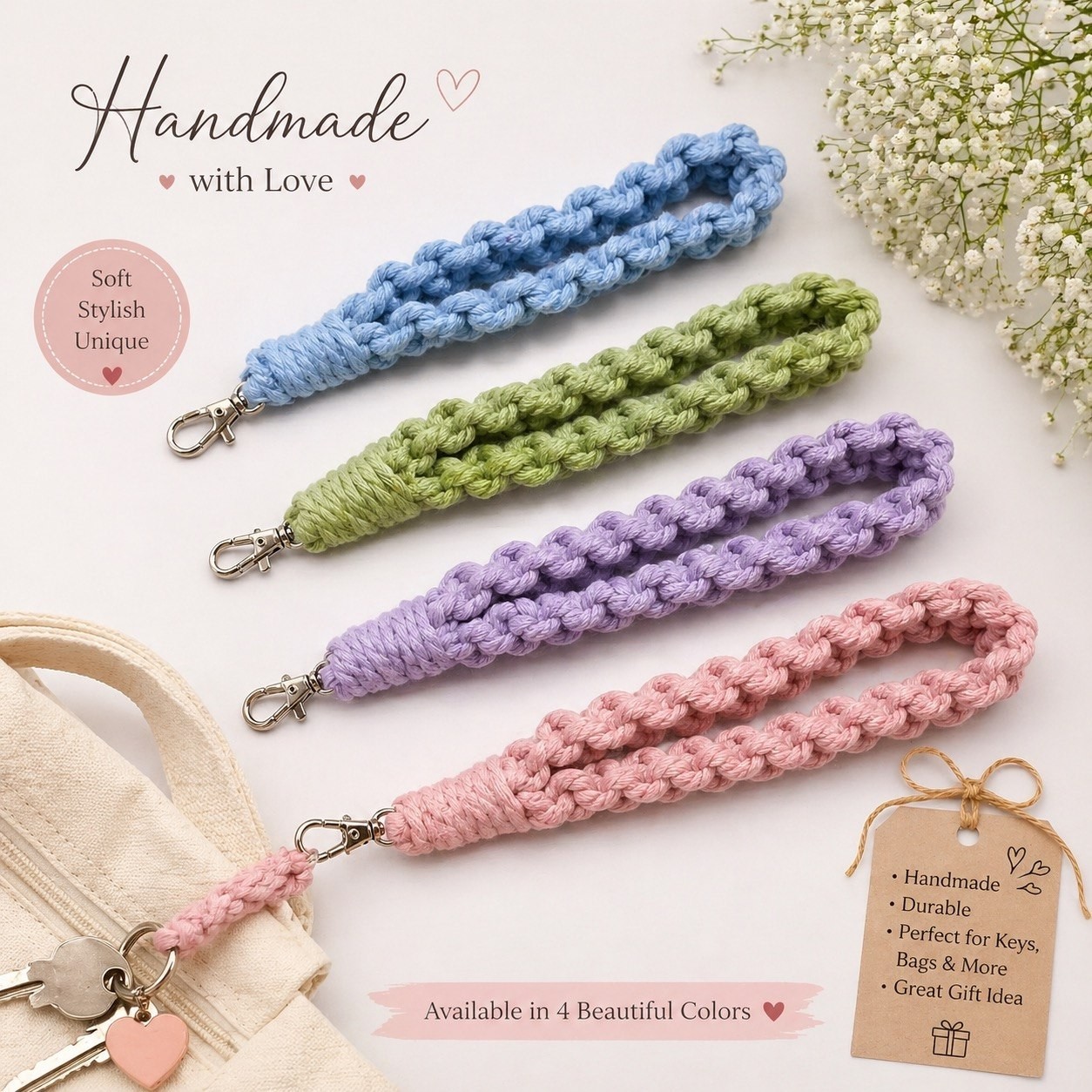 Handmade macrame wrist keychain cotton durable boho gift custom colors