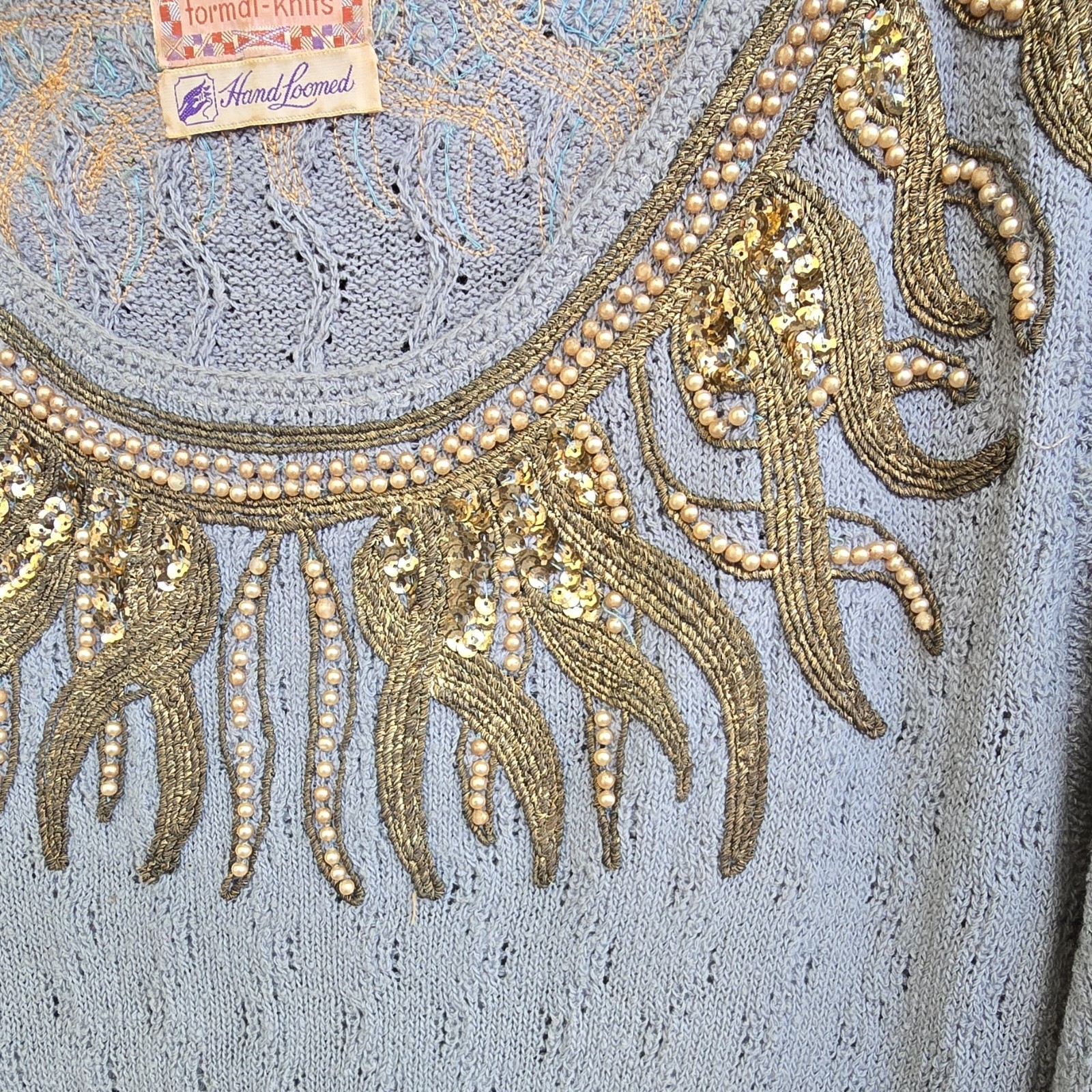 Antique 50s Glengyle Hand Loomed Knit Sweater Dress Light Blue Gold Sequins