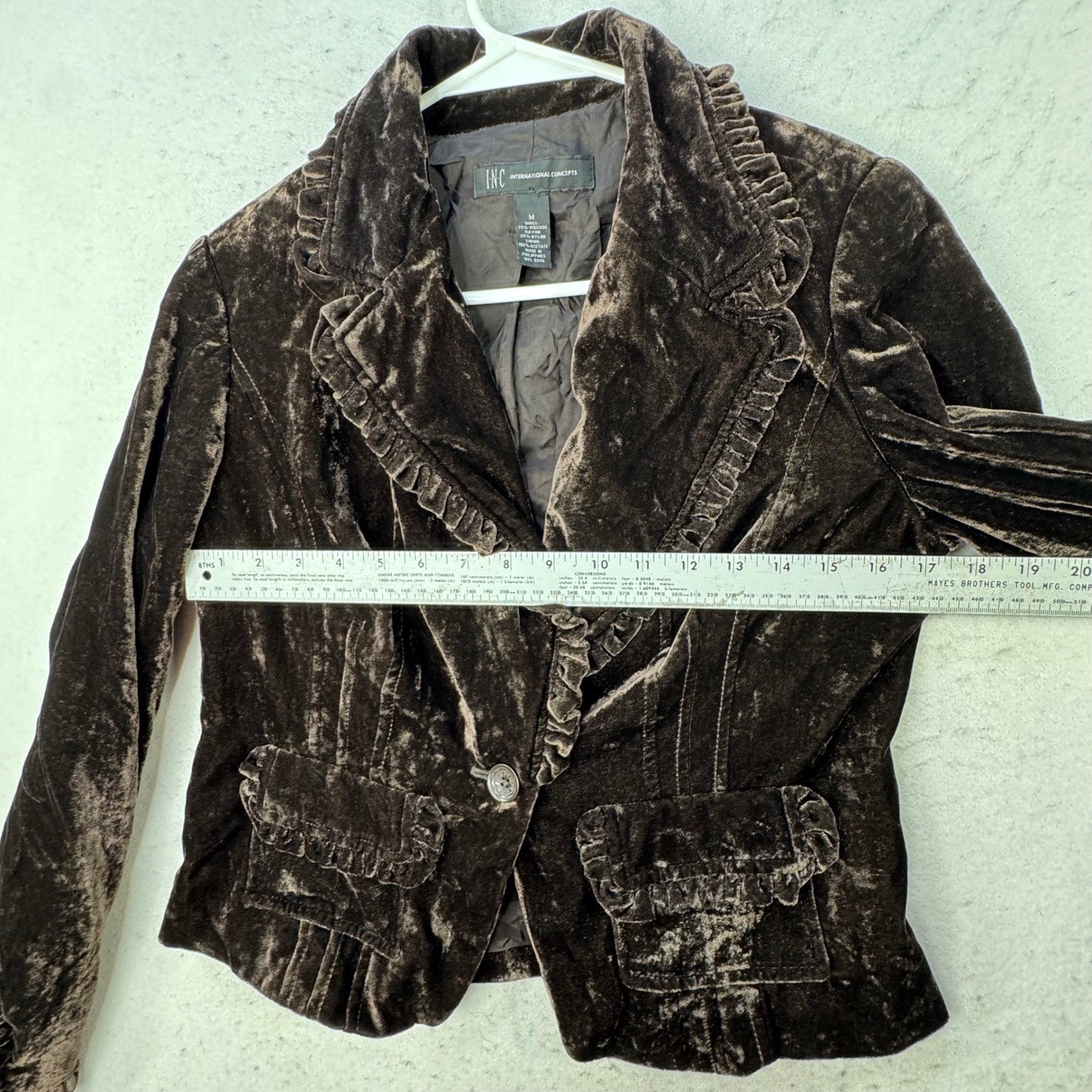 INC Velvet Blazer Womens Medium Brown Ruffle Trim Victorian Goth Jacket