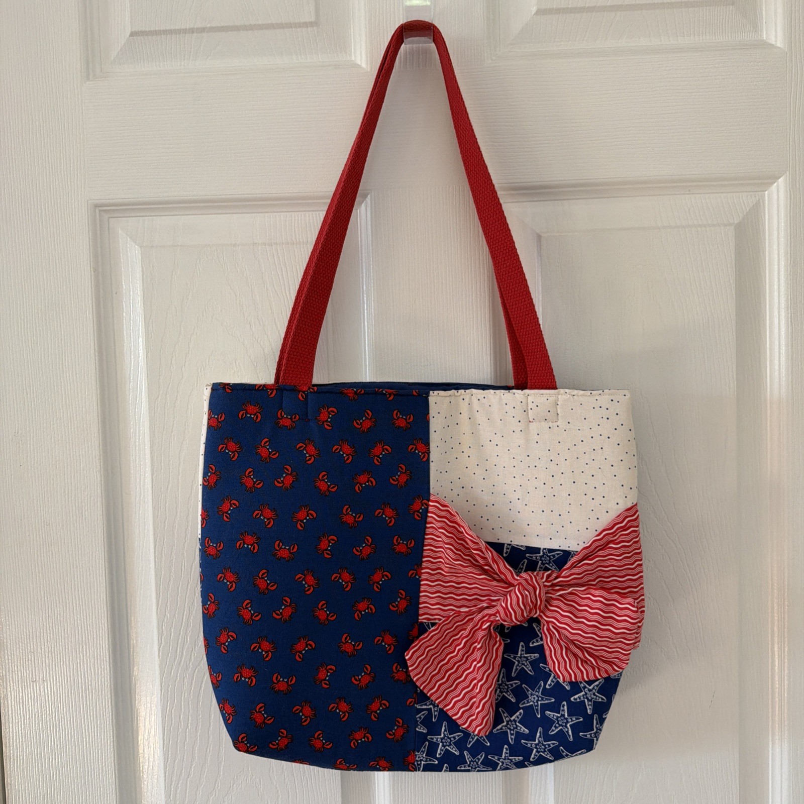 Handmade Patriotic Nautical Handbag Tote Red White Blue Starfish Crab Stripe Bow
