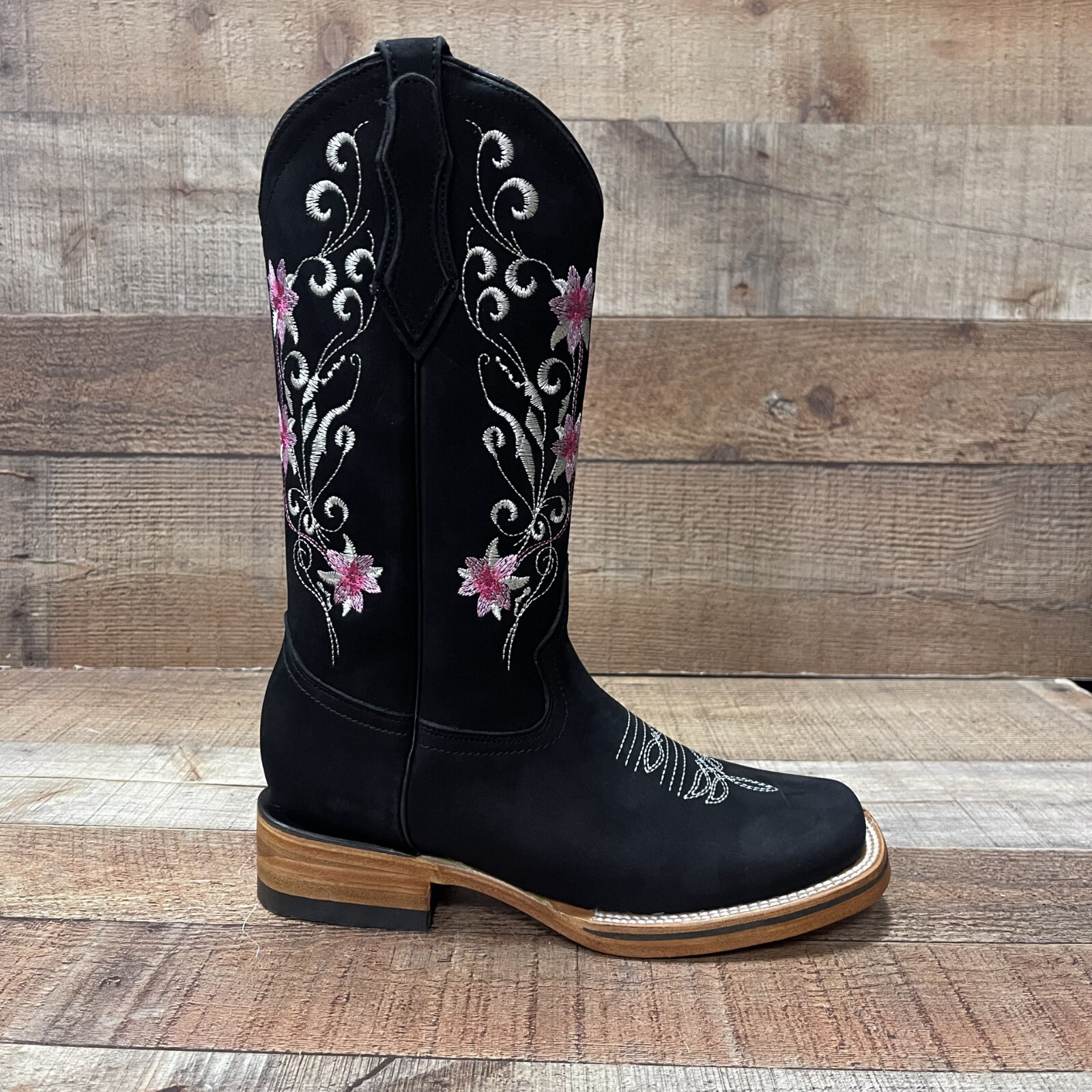 Women’s Western Rodeo Square Toe Cowgirl Boots Pink Flowers Nobuck Flor Rosa 804