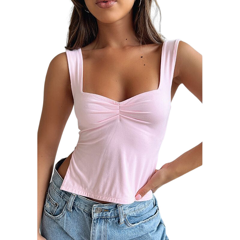 Women Sexy Low Cut Pleated Chest Camisole Crop Tank Top Sweetheart Slits Shirt