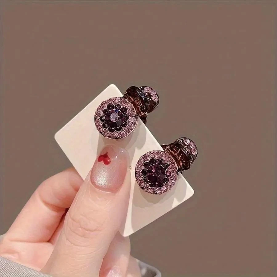 Clearance 4Pcs Purple/Grey Crystal Flower Hair Clips, Sparkly Duckbill Barrettes