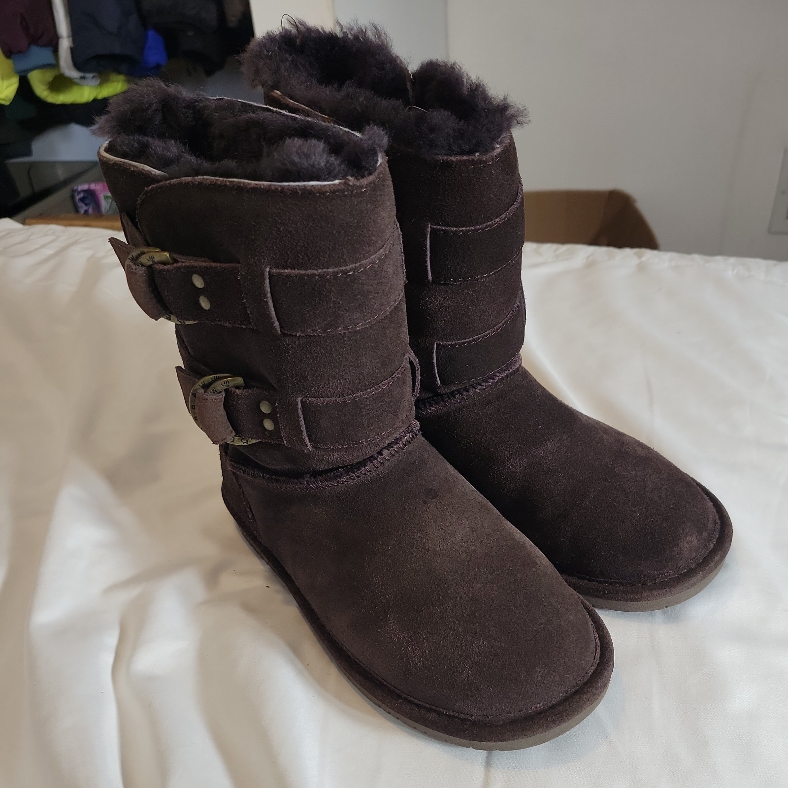 BEARPAW Women’s Brown Suede Faux Fur Lined Buckle Mid-Calf sz7 Snow Boots Size 8