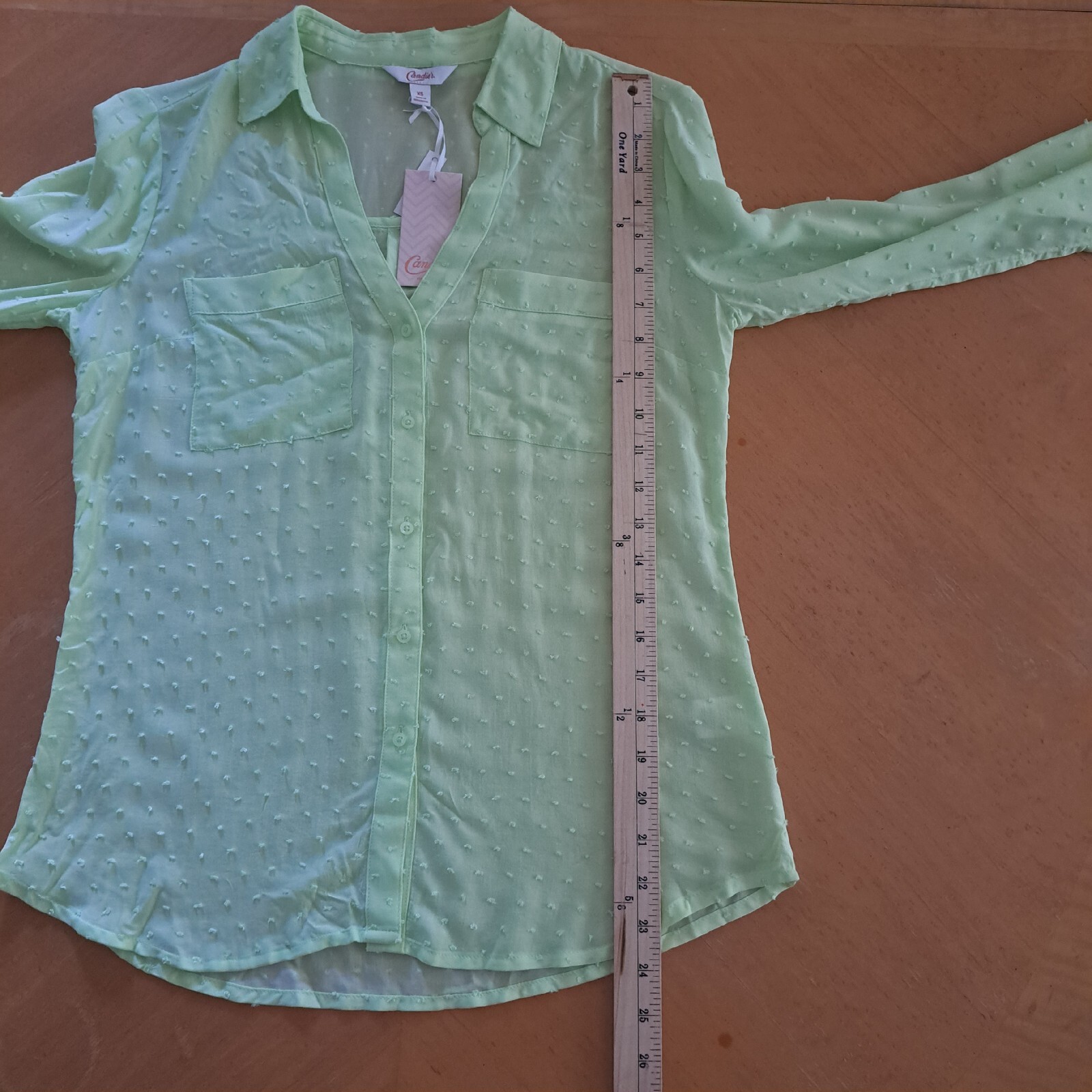 Candies Button Up Shirt Womens Size XS Green Cuffed Textured Sheer NWT $38.00