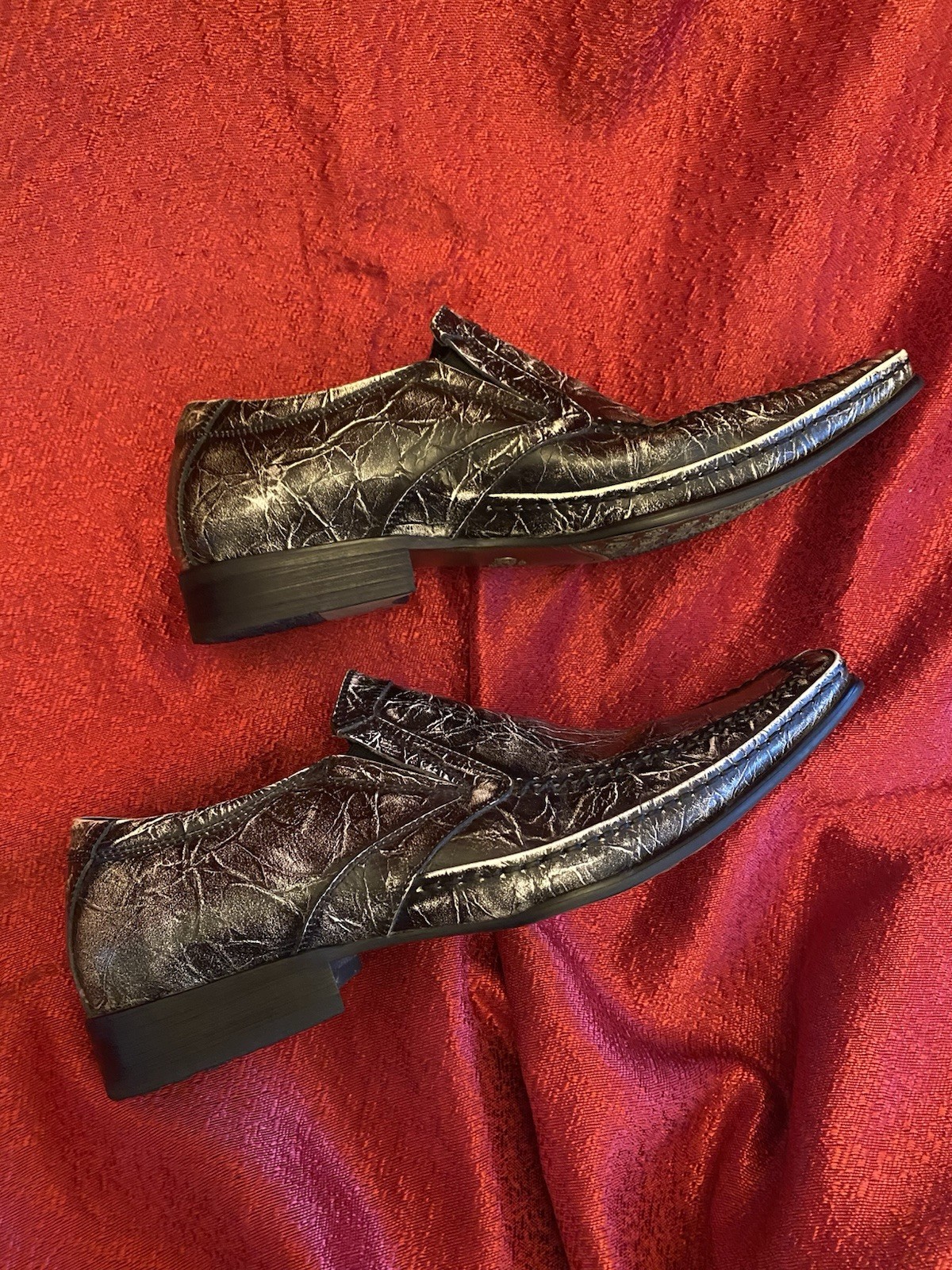 STACY ADAMS Thick Stitch Sq. Toe Slip On Loafer Black Marble Leather Sz 7.5 VTG