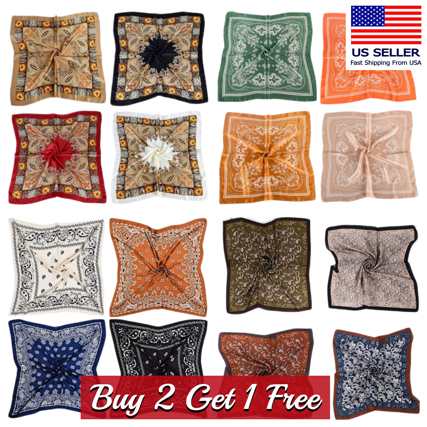 Square Satin Scarf Silk Feel Neckerchief Head Neck Wrap Paisley Bandanna 27″x27″