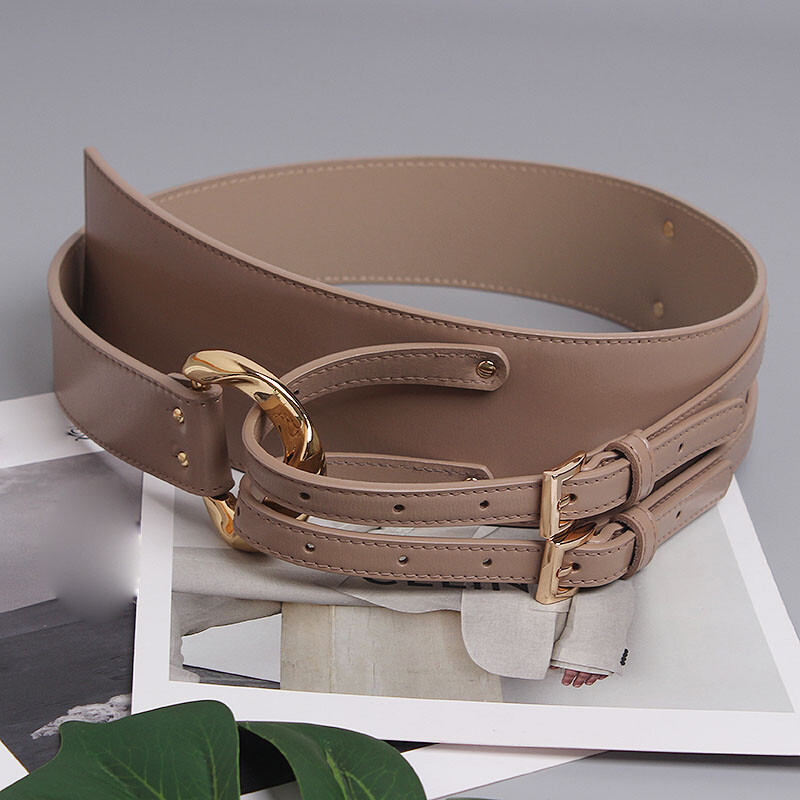 Women Cowhide Leather Corset Belt Double Prong Buckle Wide Decorative Waistband