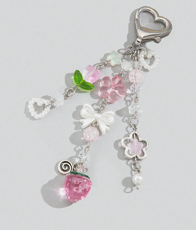 Cute Pink Strawberry & Flower Beaded Bag Charm / Keychain
