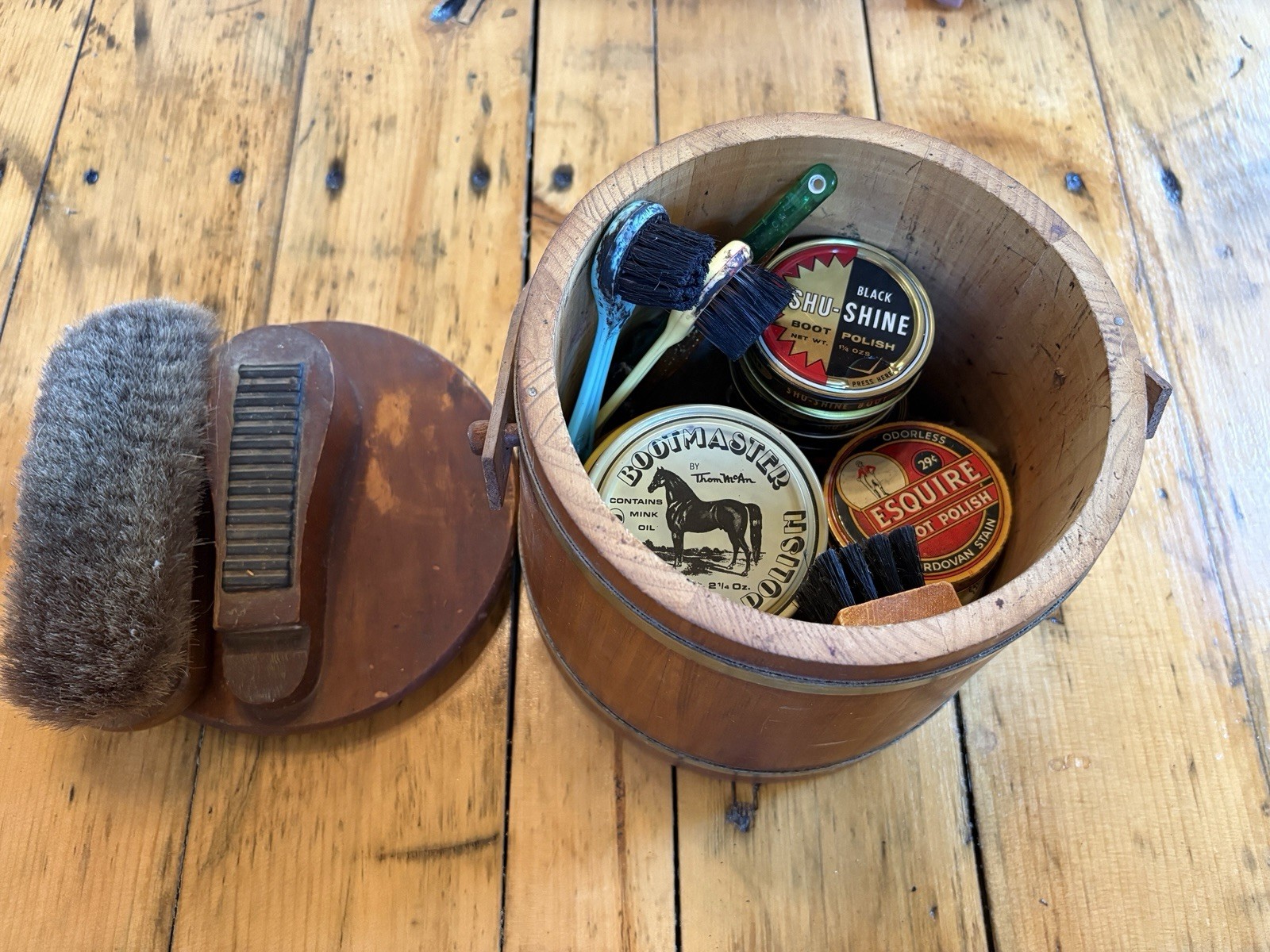 Vintage Wooden Shoe Shine Kit w/ Branded Boot Polish Tins and brushes