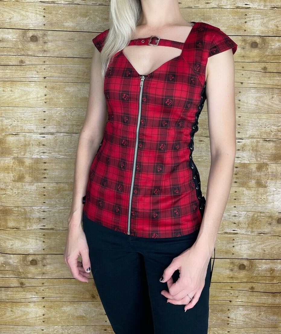 JAWBREAKER PUNK ROCK TATTOO SKULLS RED PLAID ME UP FRONT ZIP TOP SHIRT TPA1743