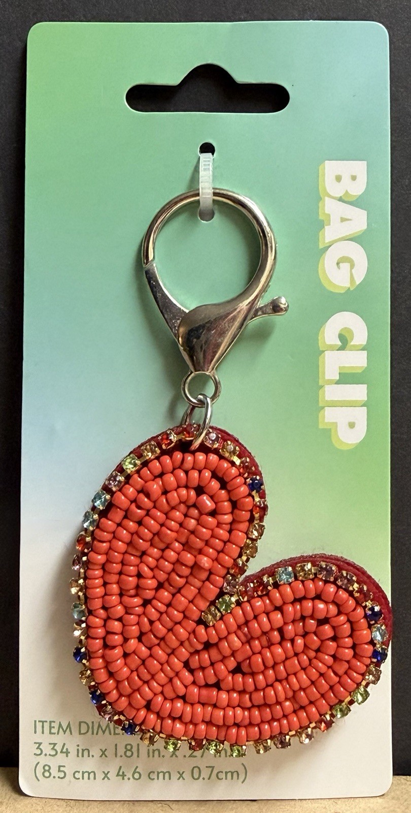 Beaded Heart W/Beaded Rhinestones Bag Clip Keychain