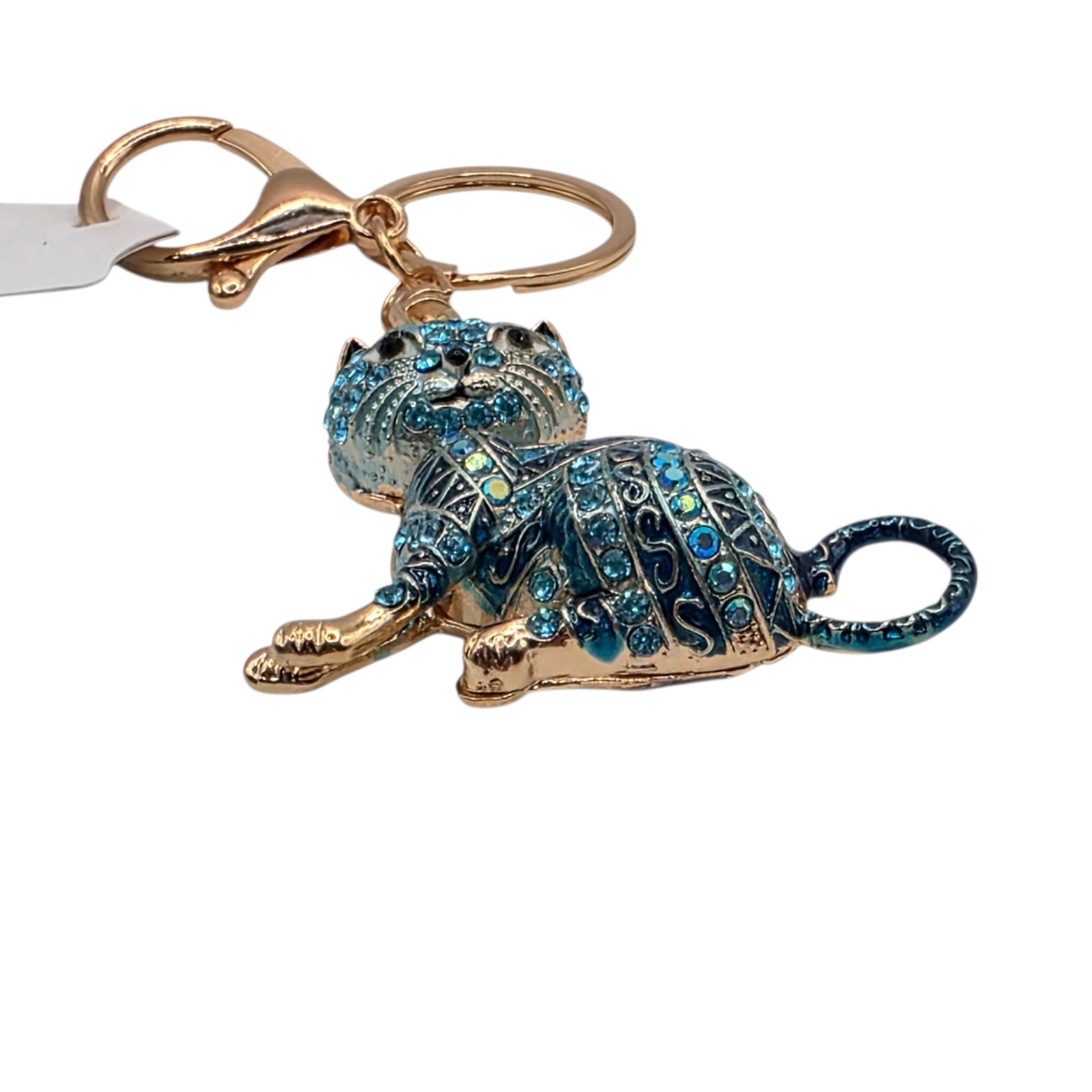 Fashion Jewelry Rhinestone Cat Key Chain Keyring Bag Charm Gold Tone Blue 2 in