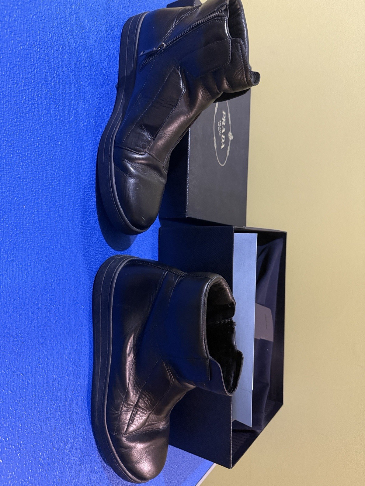 Prada Men’s Black Leather Side Zip Ankle Boots US 11 Round Toe
