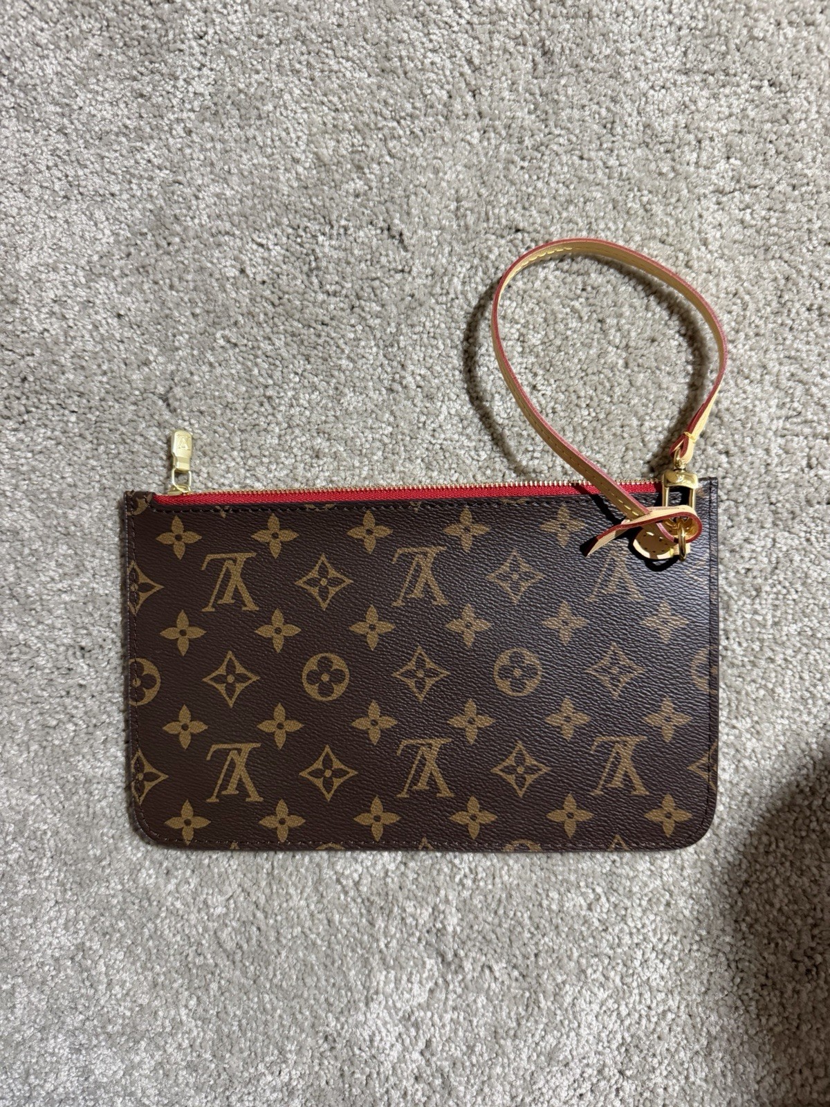 Louis Vuitton Monogram Wristlet Zip Pouch Brown/Red Lined Gold Hardware
