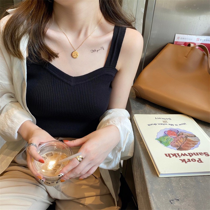 Women’s Fashion Elegant Knitted Camisole Bottoming Undershirt White Casual Tops
