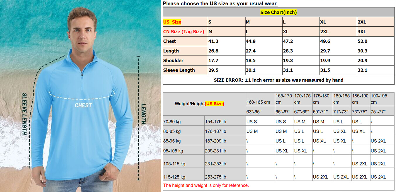 UPF50+ Men’s 1/4 Zip Sun Block UV Shirts Long Sleeve Performance Fishing T-Shirt