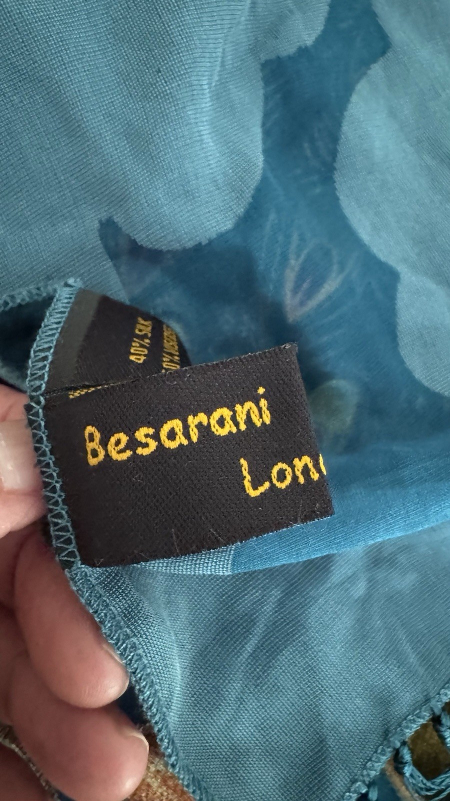 Besarani Loni Oversized Silk Satin Blue Peacock Floral Fringe Rectangle Scarf