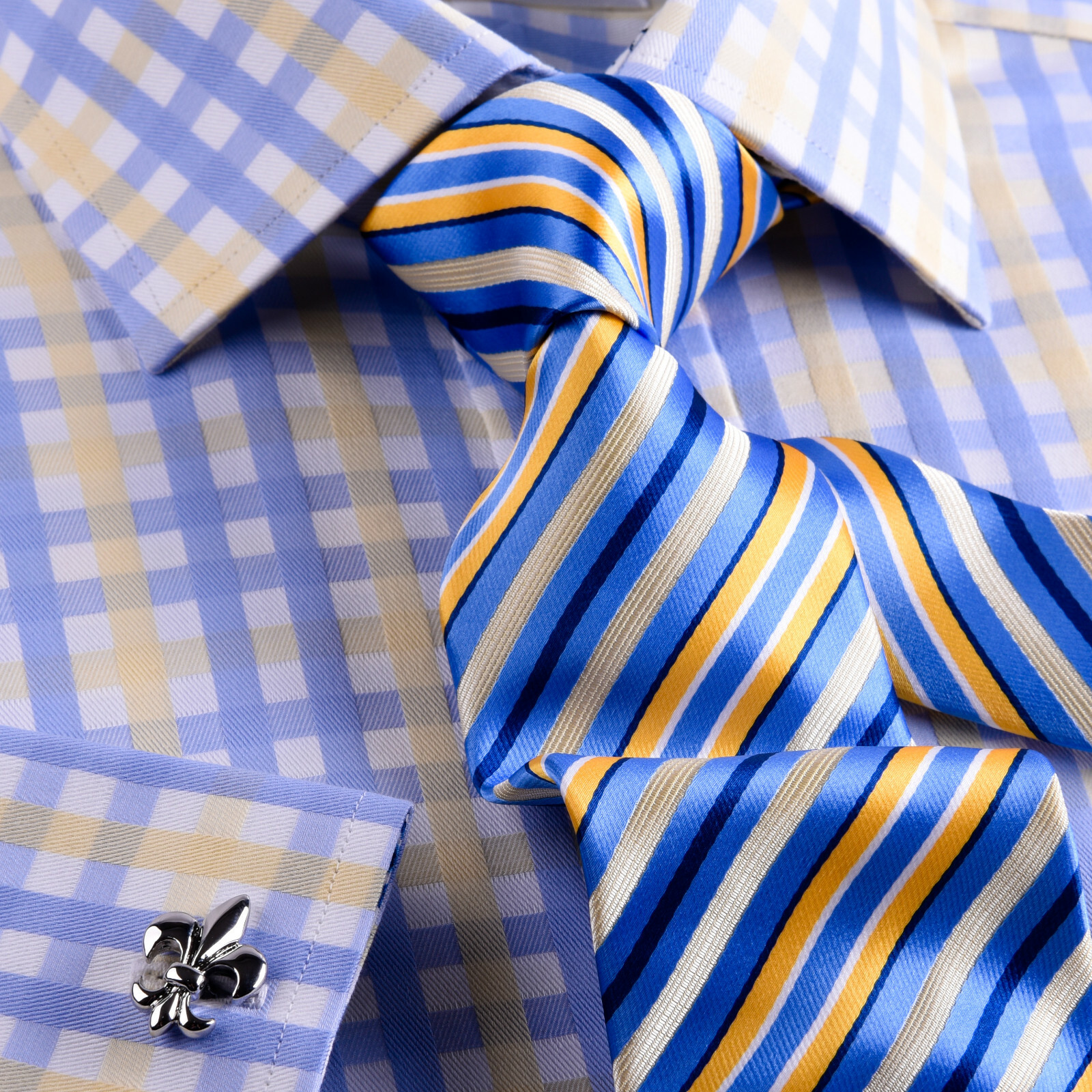 Blue Herringbone Stripe Business Dress Shirt Yellow Luxury Formal Stylish Design