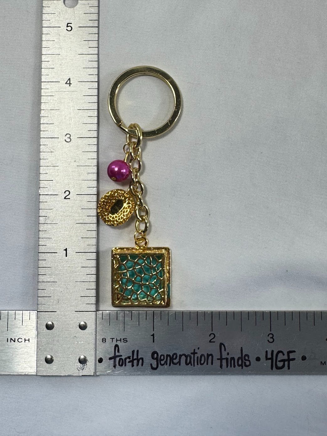Gold Tone Mosaic Teal Square Charm Keychain Bag Accessory Initial O Pink Bead
