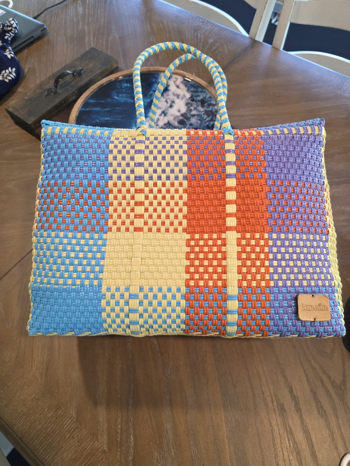 Handmade Woven Multicolor Tote Bag With Wrapped Handles