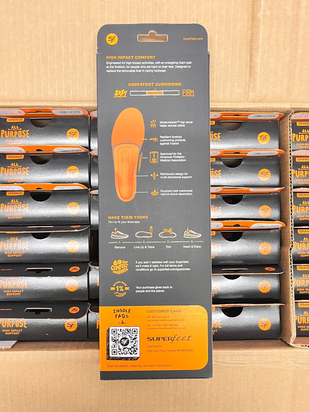 Superfeet All Purpose High Impact Support Insoles Orange Full Size Size E Box