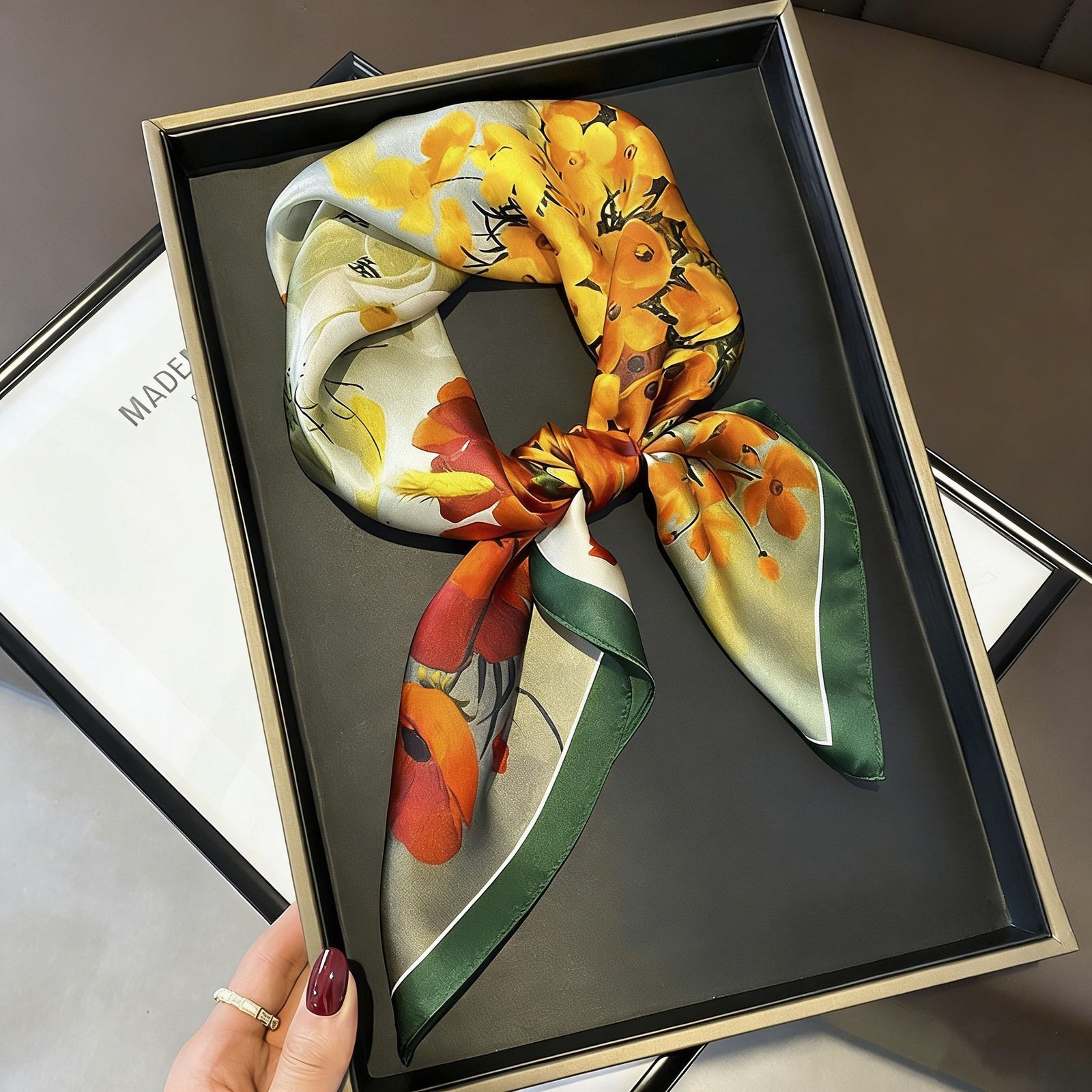 100% Silk Mulberry Neckerchief Women Orange Flower Vintage 27″ Square Scarf Wrap