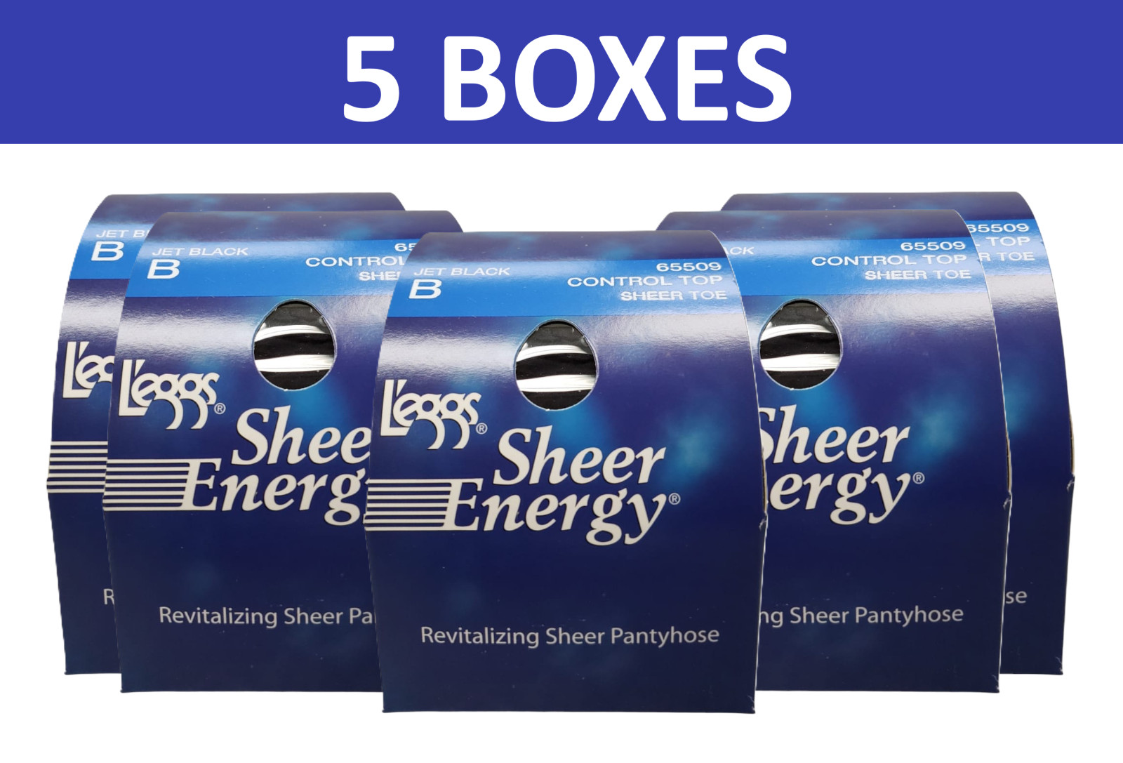 Leggs Sheer Energy Pantyhose Control Top, Sheer Toe Size: B Jet Black 5 Boxes