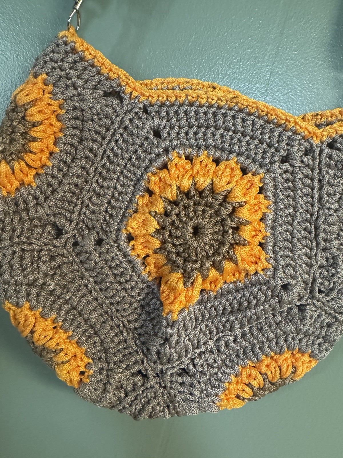 Handmade Crochet Shoulder Bag Brown Orange Round Floral Detachable Strap