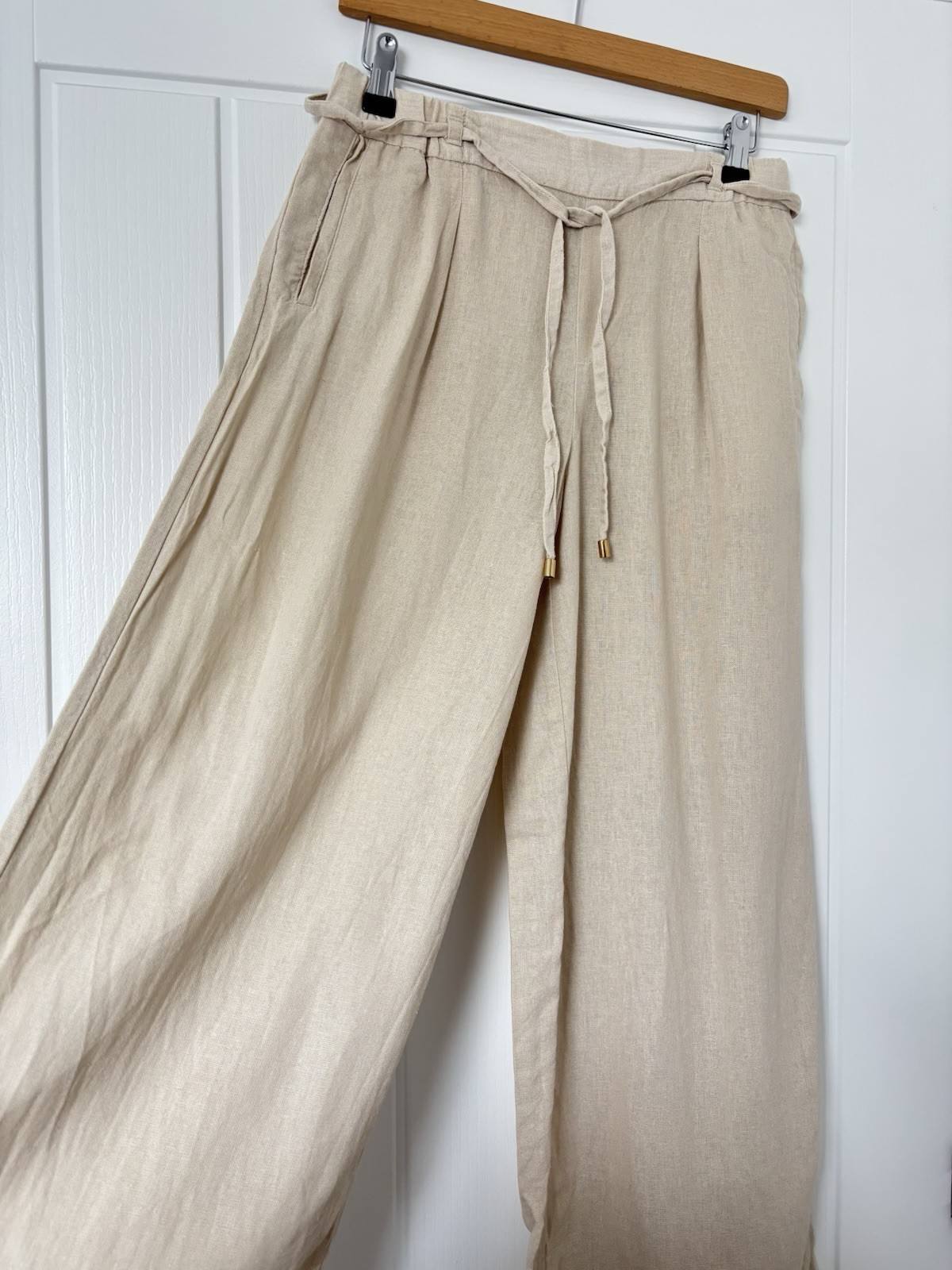 Zara Beige Natural Ecru Linen Blend Wide Leg Trousers Pants Tie Xs Pockets High