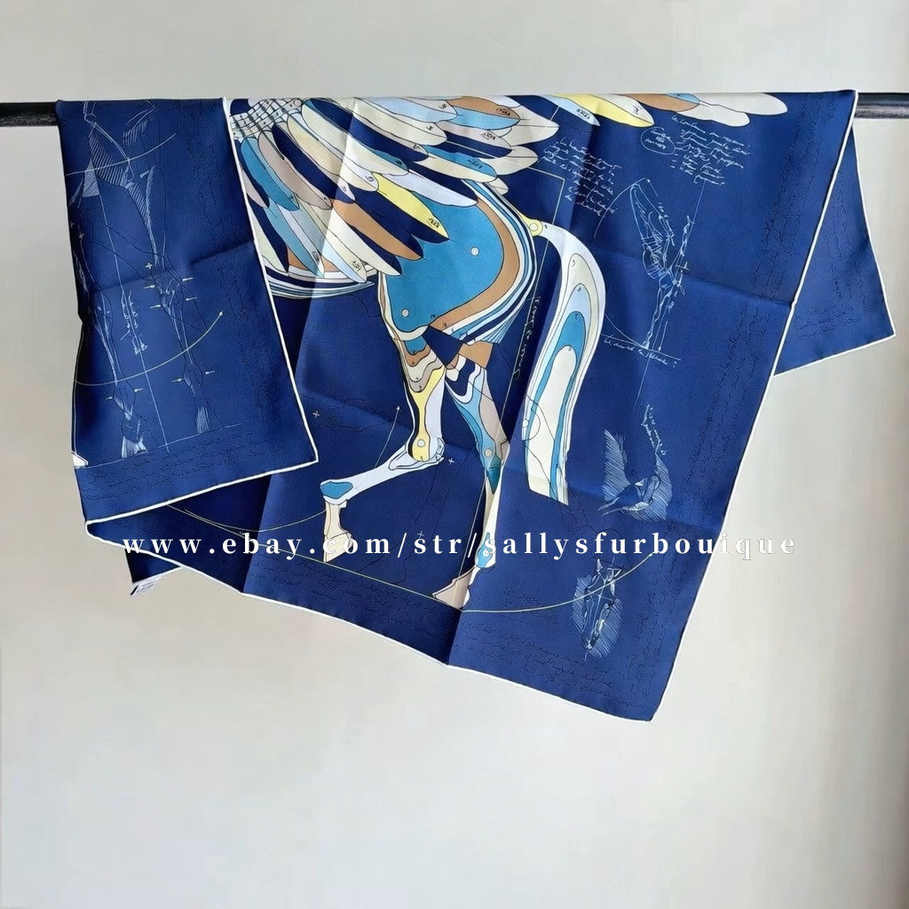 2026 Sallys 18 Momme Twill Silk Wrap Scarf Fly Horse Print Double Face Shawl 35″
