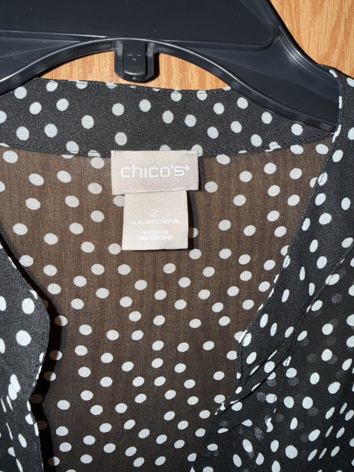 Chico’s Women’s Black White Polka Dot Sheer Chiffon V-Neck Blouse 2
