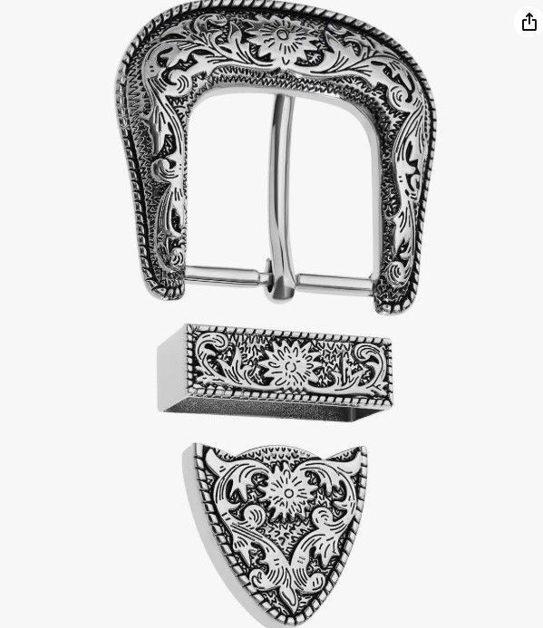 Western 3-Piece Belt Buckle Set Floral Engraved Silver Metal Cowboy Rodeo Style