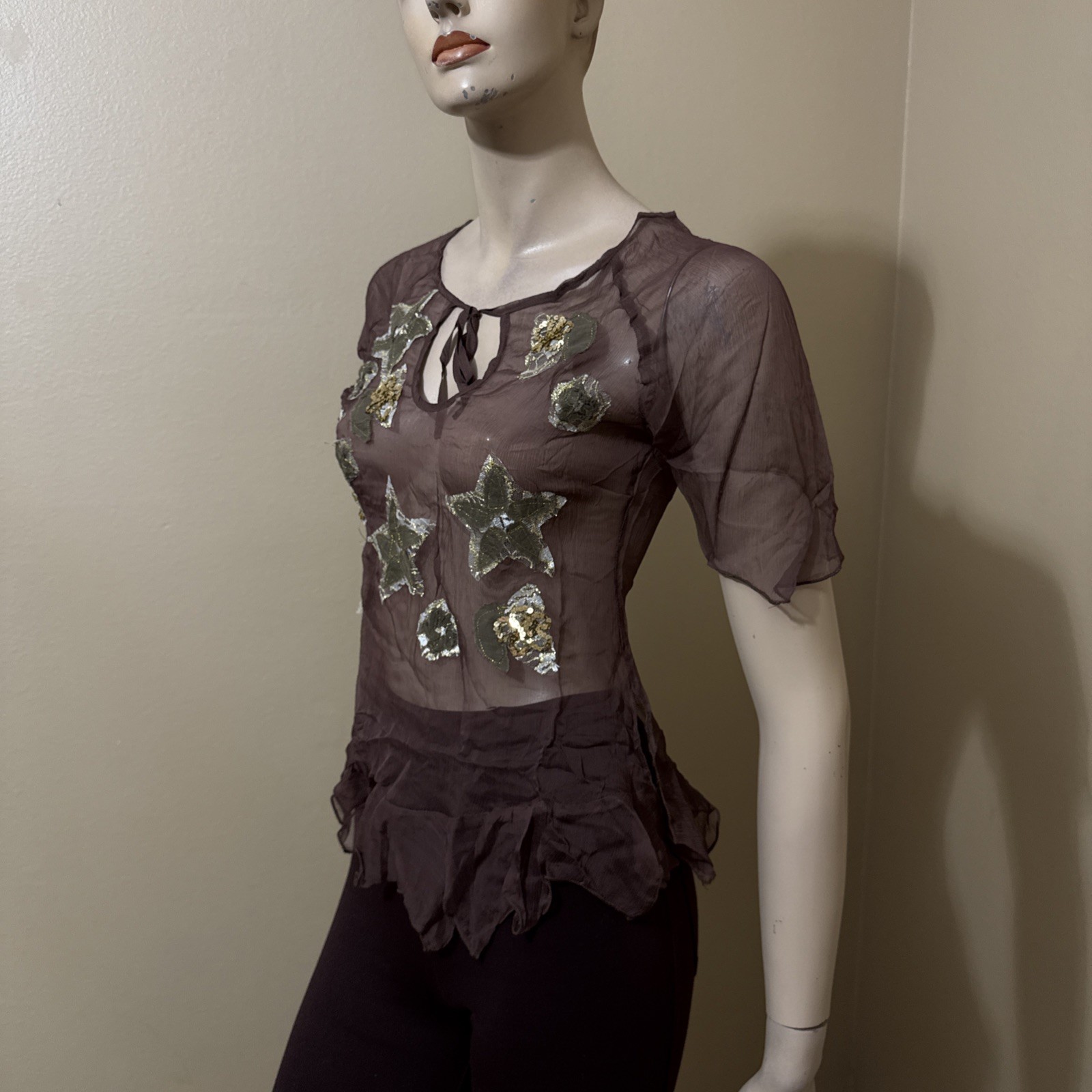 Women’s Brown Silk Casual Summer Sheer Beaded Embroidered Lace Size S Blouse Top