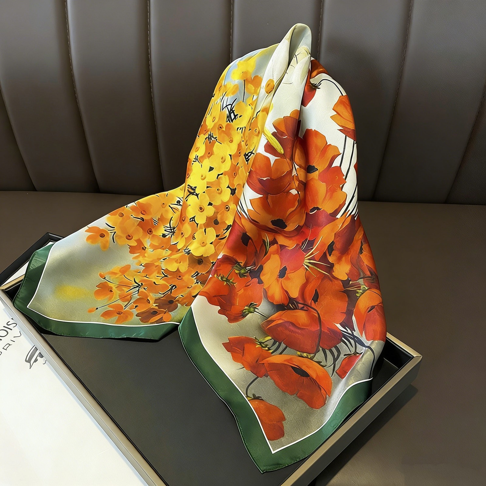 100% Silk Mulberry Neckerchief Women Orange Flower Vintage 27″ Square Scarf Wrap