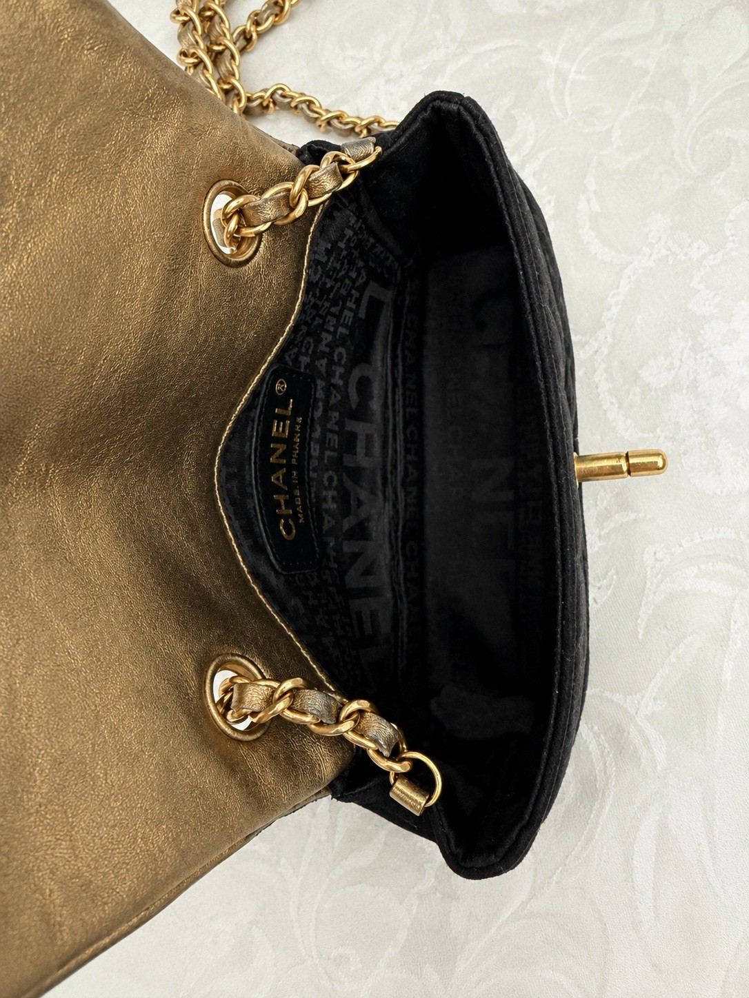 Vintage Chanel Extra Mini Satin Flap Bag Black Gold Chain Crossbody Rare