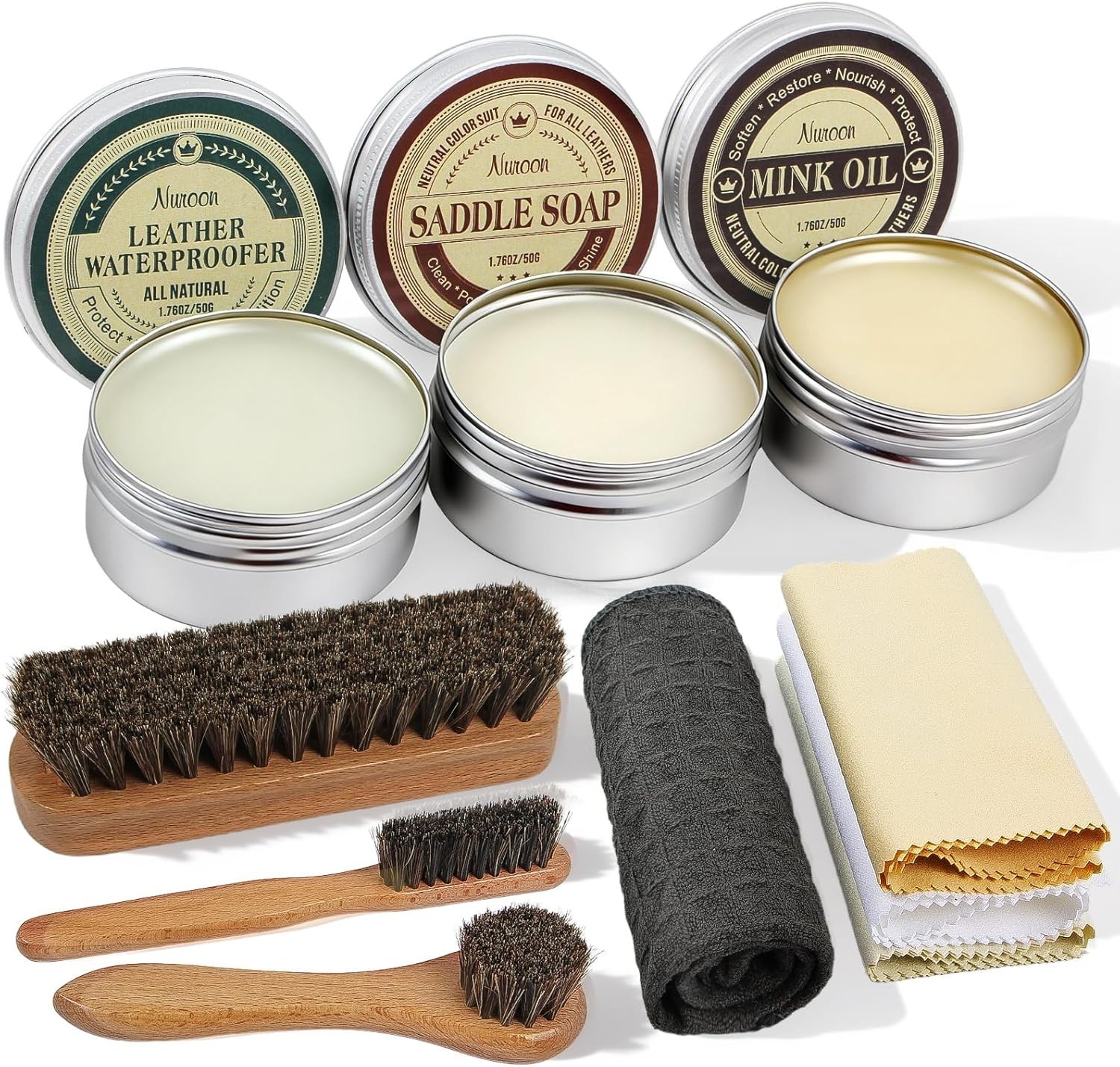 10Pcs Leather Care Kit- 3Pcs Horsehair Brushes, 1.76oz Saddle Soap, 1.76oz Mi…