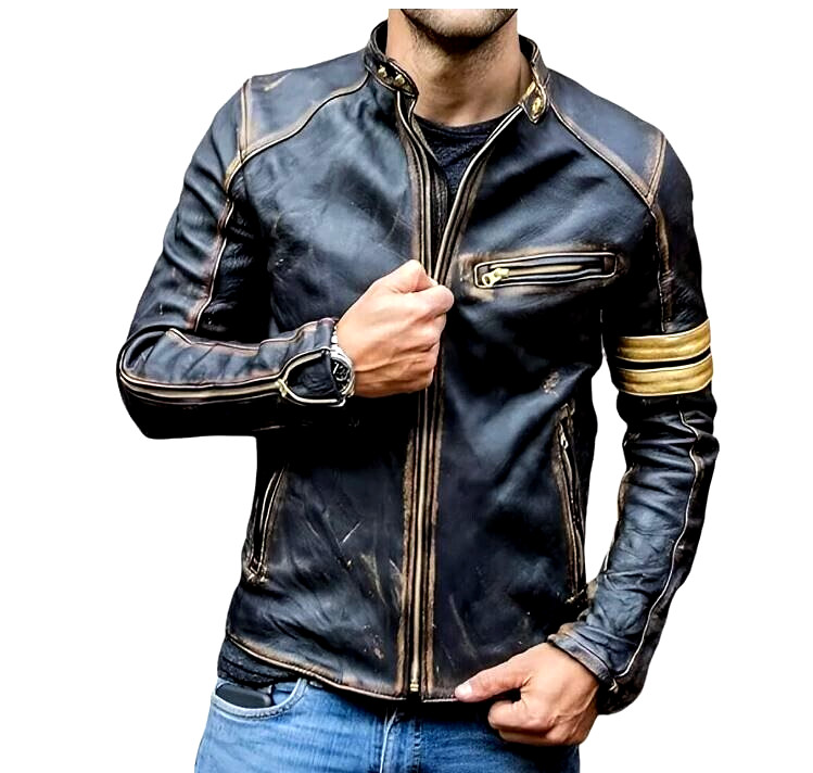 Men’s Leather Jacket Motorcycle Distressed Café Racer Black Genuine Lambskin