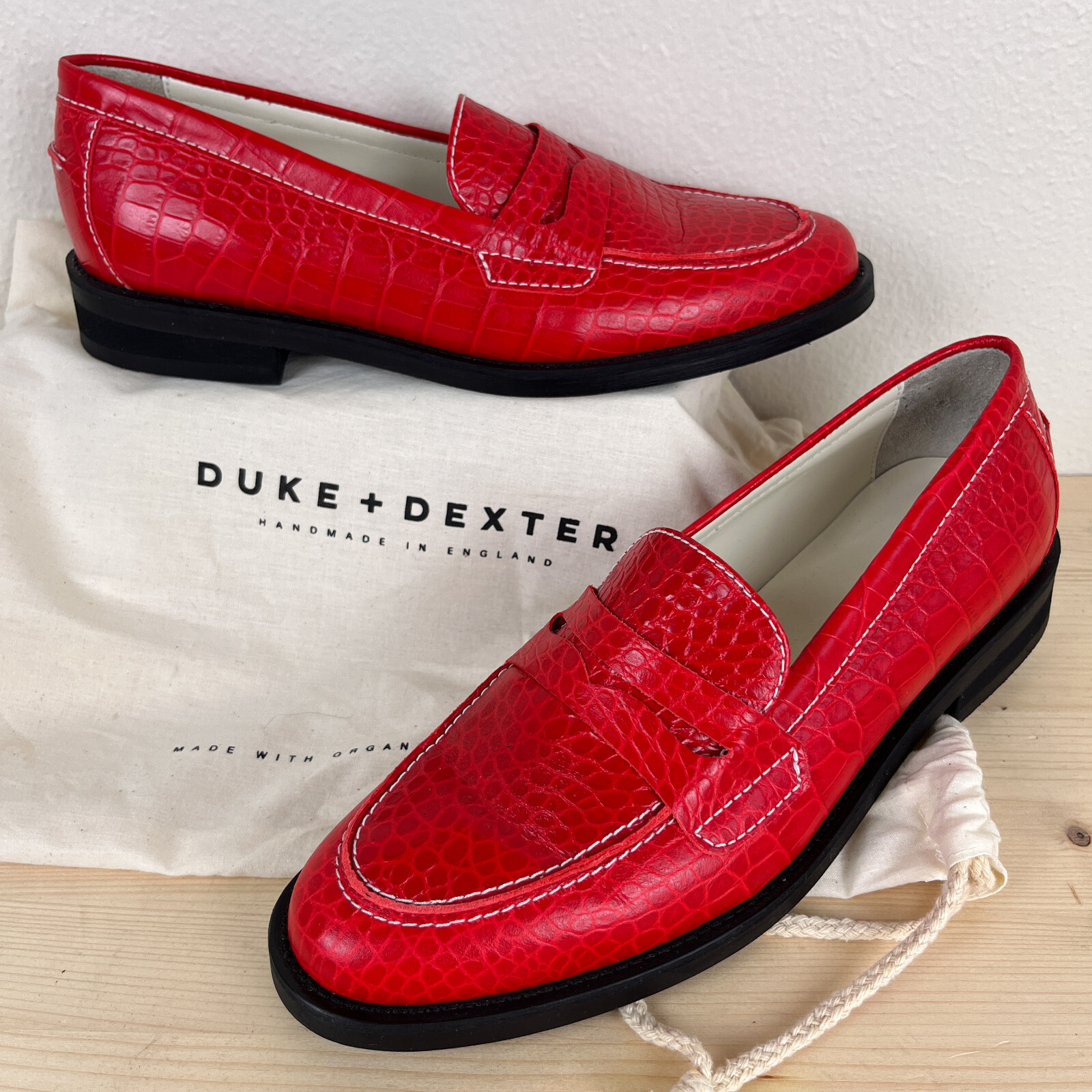 Duke + Dexter x Peachy Den Loafers Womens UK 8 Red Crocodile Stamp Leather Rare